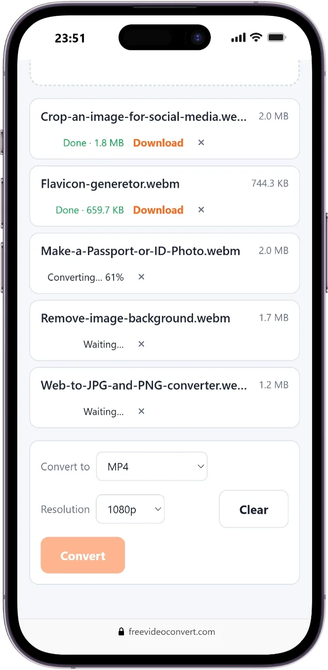 Five video files in the converter queue on an iPhone: two finished, one converting at 61 percent and two waiting