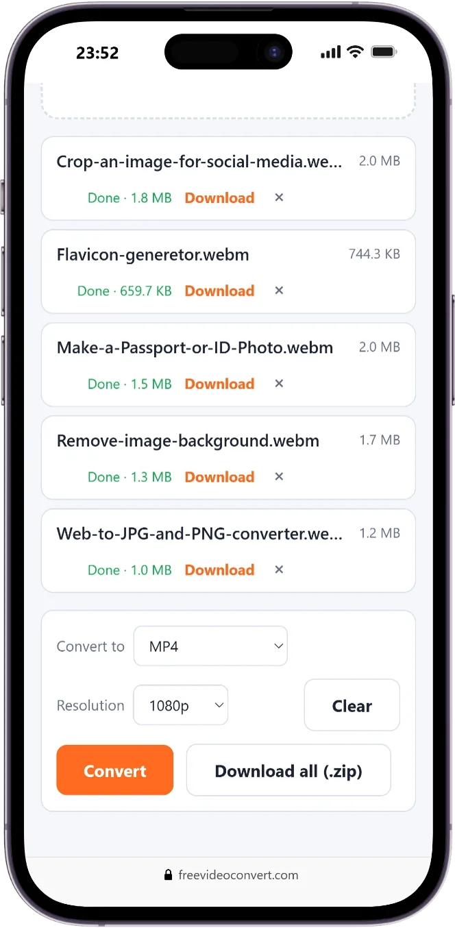 Five converted files on an iPhone, each marked Done with its new size and a Download link, and a Download all (.zip) button