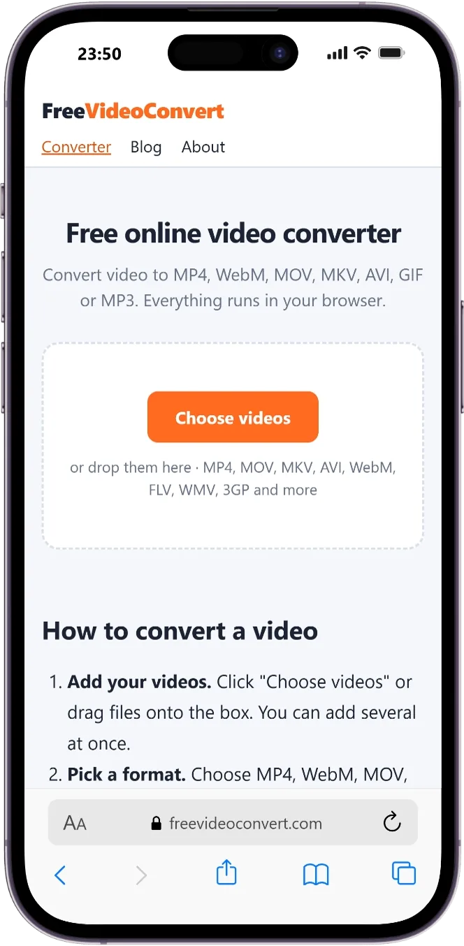 The Free Video Converter home page open in Safari on an iPhone, showing the Choose videos button